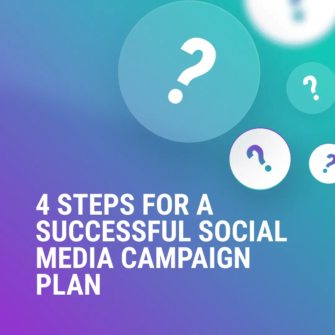 Text that reads 4 steps for a successful social media campaign plan. Question marks inside circles on the top right. The background is a green to blue to purple gradient starting from the top right hand corner.