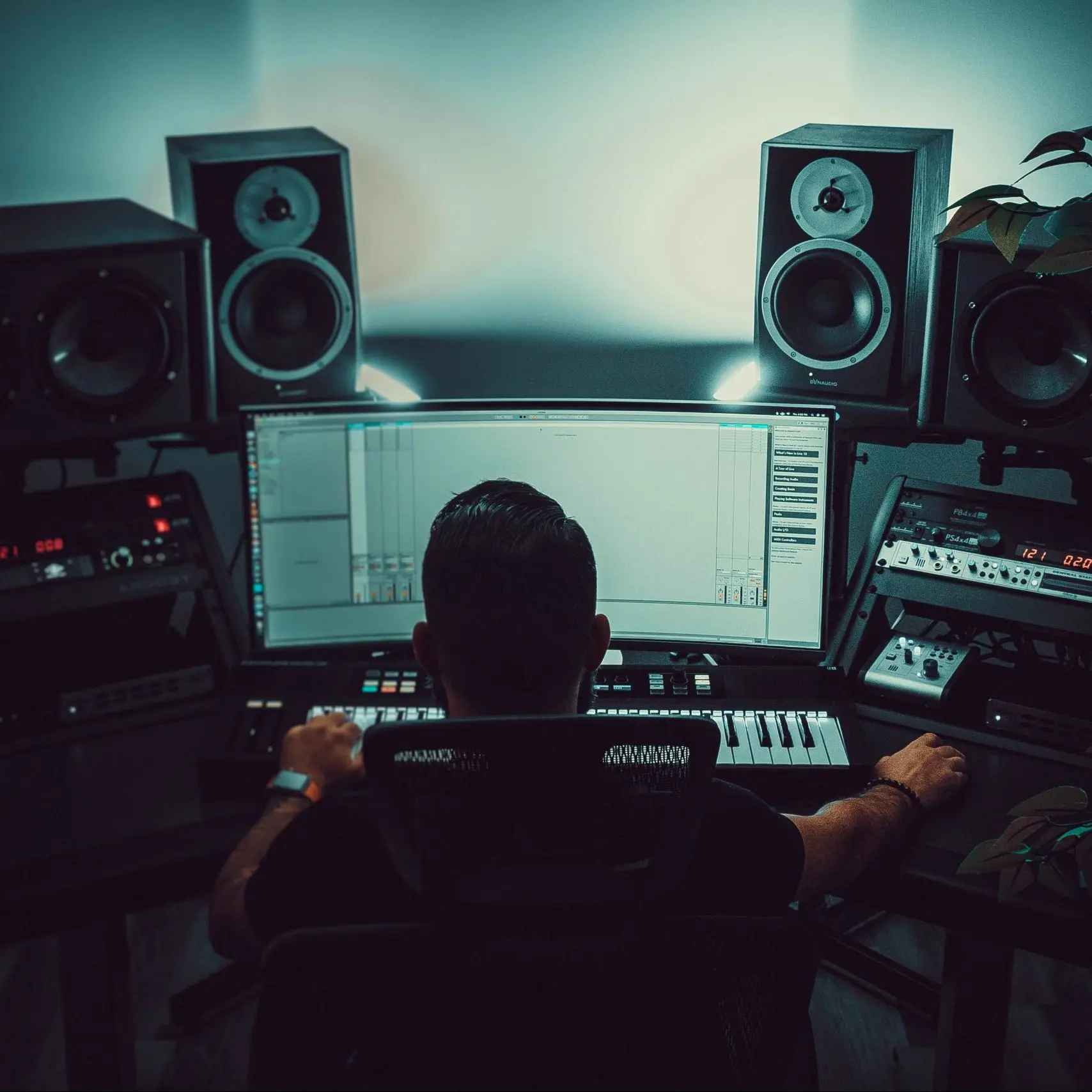 Man sitting in front of a desk with speakers and a large screen doing remote music work.