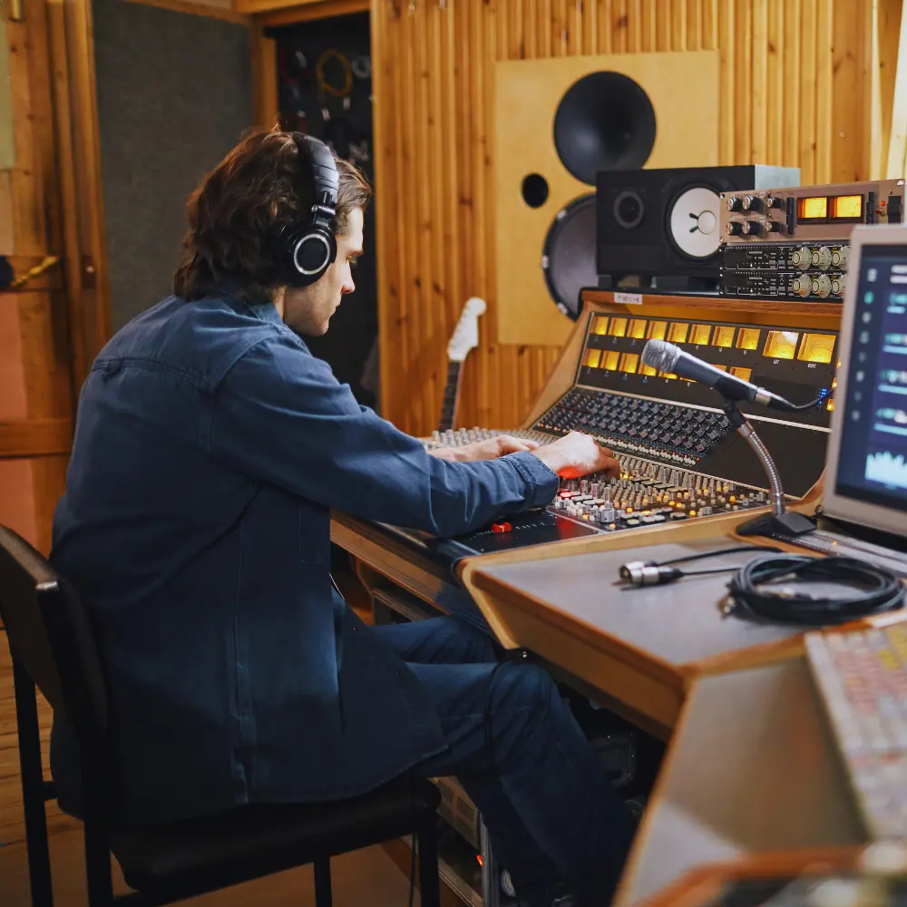 A music producer works at a mixing console in a studio, illustrating platforms available for indie artists.