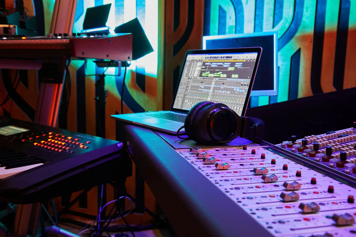  A modern recording studio with a laptop and mixing equipment, essential for securing music placements in media.