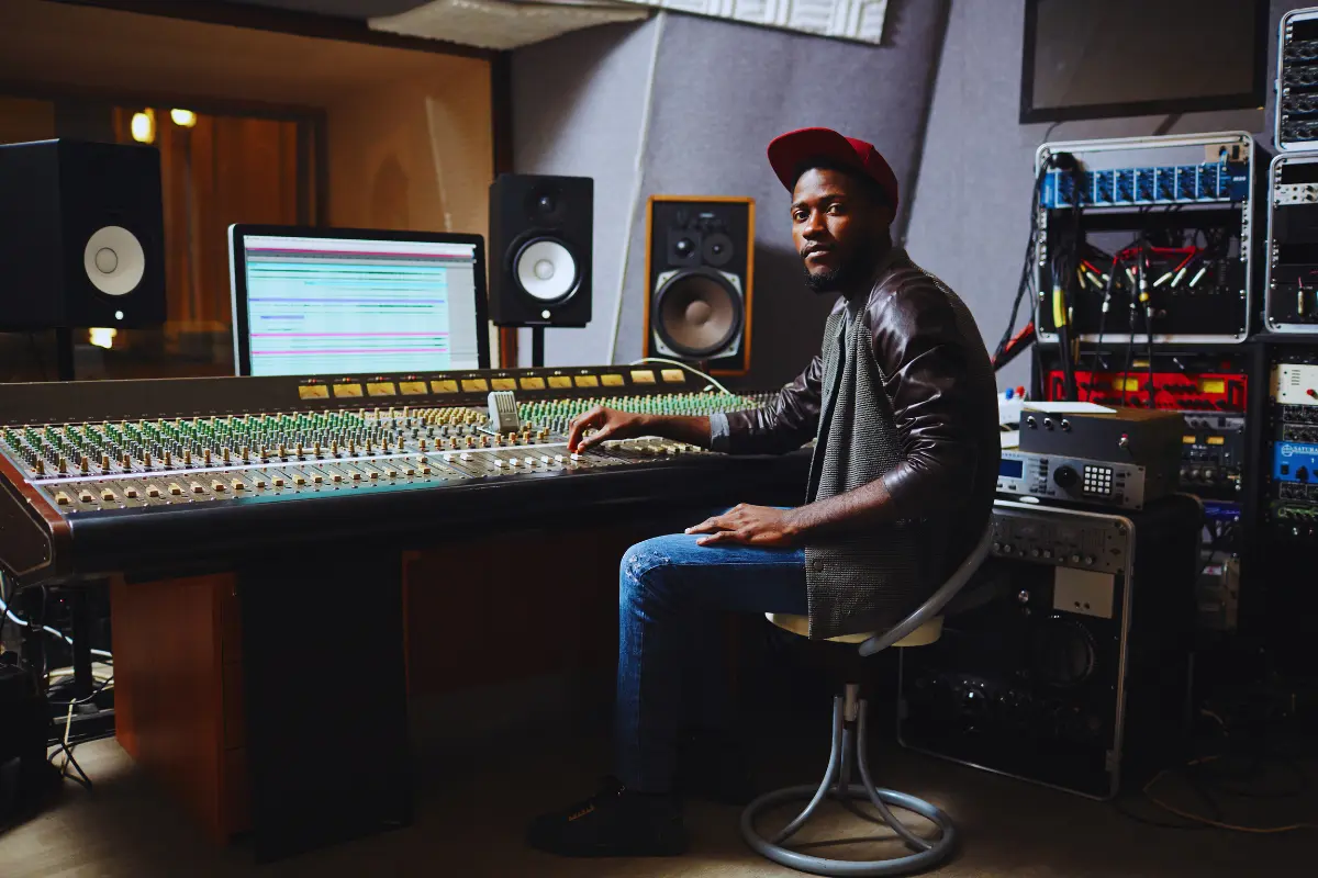 Music publishing is essential for artists, as shown by a producer working at a professional mixing console in a recording studio.