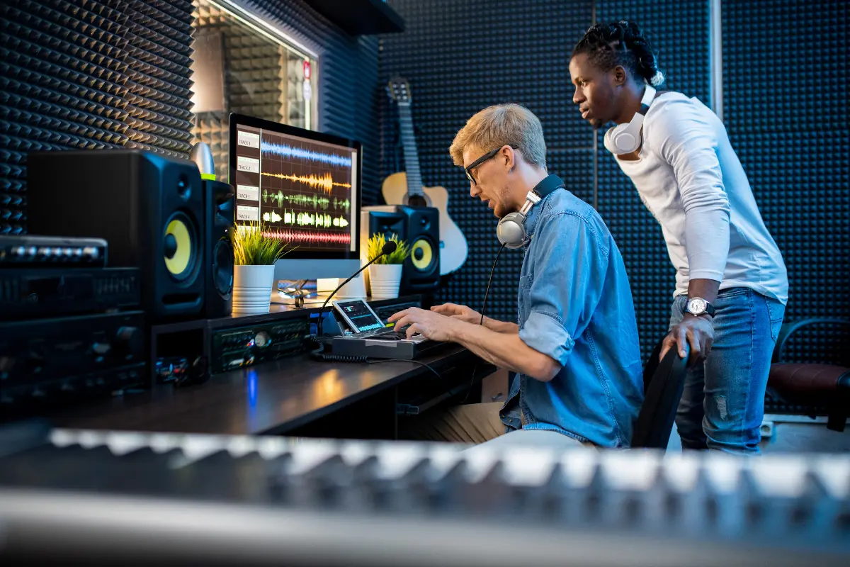 Online artist profile creation illustrated by two producers editing audio tracks in a home studio