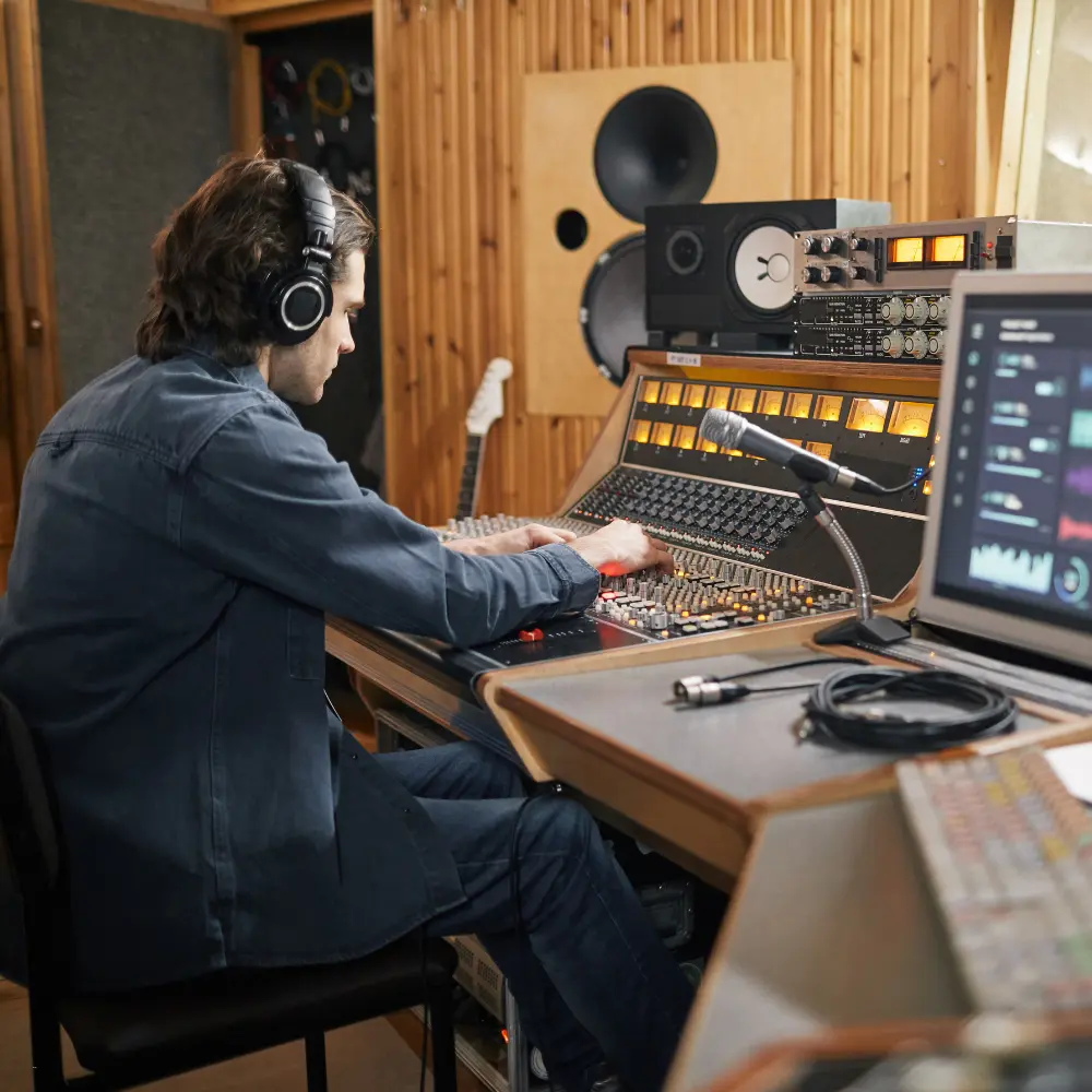 Music producer mixing tracks in a professional wood-paneled studio with analog equipment.